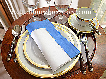White Hemstitch Dinner Napkin with French Blue color border